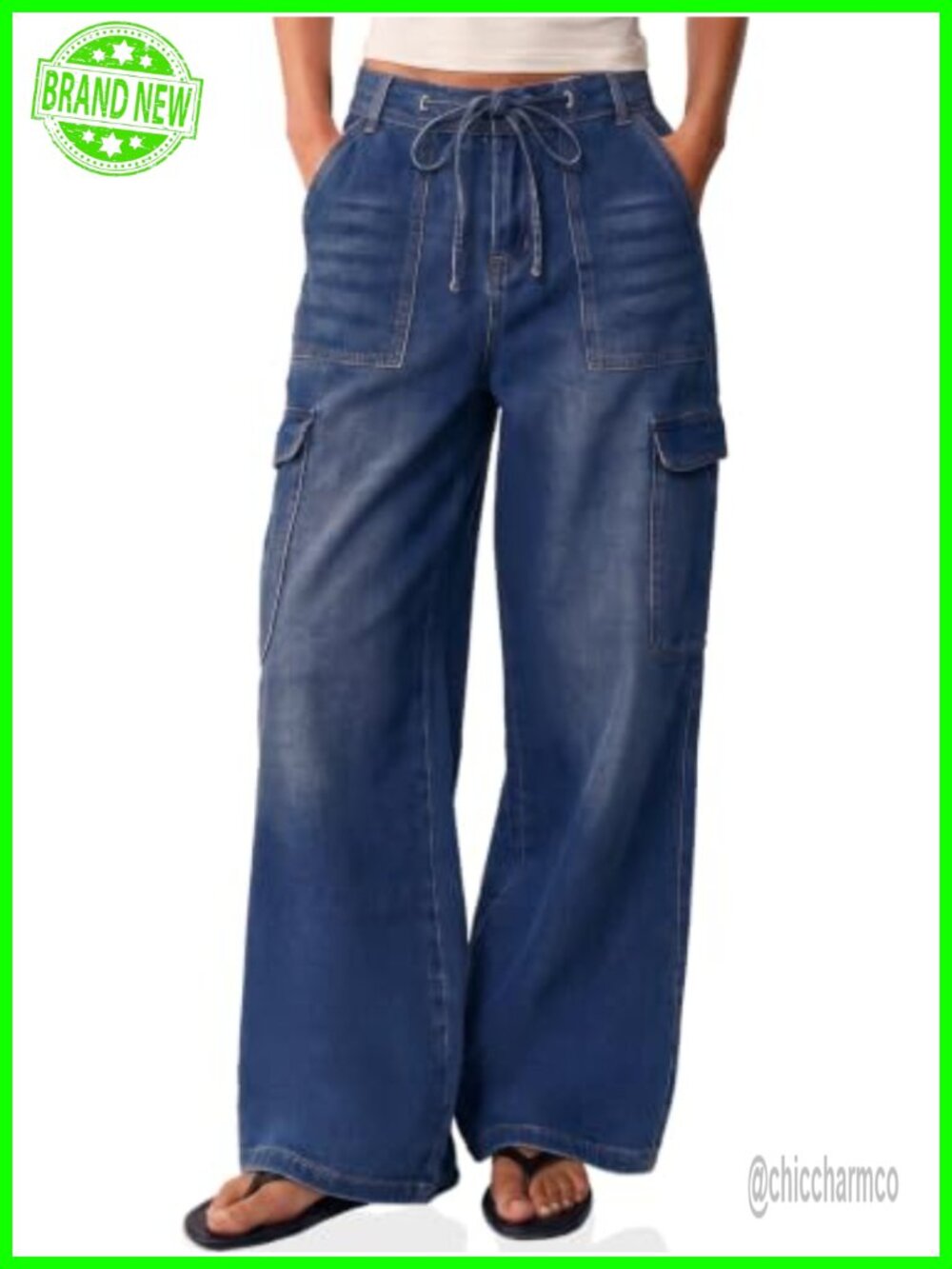 High Waisted Wide Leg Cargo Jeans with Drawstring Waist and Pockets